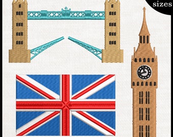 UK Embroidery Machine Design - Big Ben, Flag, Tower Bridge (Instant Download)