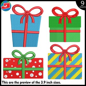 May include: Four embroidered gift boxes in blue, green, red, and yellow with red and green bows. The blue box has a red bow and ribbon. The green box has a red bow and ribbon. The red box has white dots and a green bow. The yellow box has blue and yellow stripes and a red bow. Text: This are the preview of the 3.9 inch sizes.