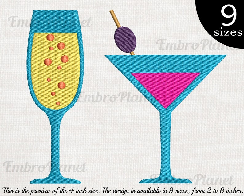 Cocktail and Champagne Glasses Designs for Embroidery Etsy