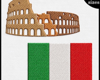 May include: An embroidery design featuring the Roman Colosseum in shades of brown and tan, positioned above a rectangular Italian flag with green, white, and red vertical stripes. The text 10 sizes is in the corner, and the text This is the preview of the 5 inch size is at the bottom.
