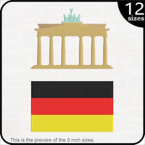 May include: Embroidered design featuring the Brandenburg Gate in beige and a German flag in black, red, and yellow. The design is available in 12 sizes.