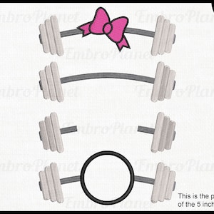 May include: An illustration of several barbells in various designs. One barbell has a pink bow, while others are plain. The image includes text indicating the preview size and the availability of 10 sizes.