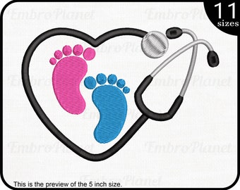 Baby Feets Heart Stethoscope - Design for Embroidery Machine Instant Download digital embroidering files stitch baby love medical 1223e