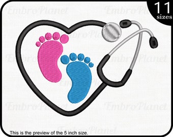 Baby Feet Heart Stethoscope Embroidery Design (Digital Download)