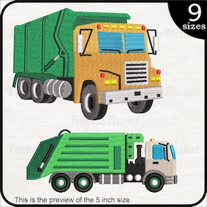 May include: Two different views of a green and yellow refuse truck. The truck has a large green bin on the back and a yellow cab. The truck is on a white background.  "9 sizes" is written in the top right corner of the image.  "This is the preview of the 5 inch size." is written at the bottom of the image.