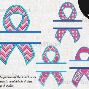 Puede incluir: Conjunto de nueve diseños de bordado que presentan cintas rosadas de concienciación con diferentes patrones, incluyendo chevron, lunares y un diseño geométrico. Las cintas están divididas en el medio para agregar texto. Los diseños están disponibles en tamaños de 2 a 8 pulgadas.