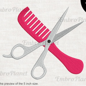 May include: A pink comb and silver scissors crossed over each other. The scissors have a black rivet in the center.