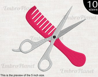 May include: A pink comb and silver scissors crossed over each other. The scissors have a black rivet in the center.