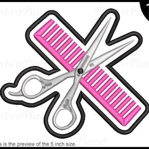 May include: A black and white outline of a pair of scissors and a pink comb. The scissors are open and the comb is lying on its side. The image is a digital embroidery design available in 10 sizes.