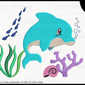 May include: Embroidered design of a blue dolphin jumping out of the water with bubbles, green seaweed, purple coral, and a pink seashell. The design is available in 9 sizes.