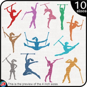 May include: Ten different color variations of a silhouette of a majorette holding a baton. The majorettes are in various poses. The text "10 sizes" is in the top right corner of the image.