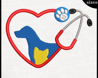 Stéthoscope coeur pour animaux de compagnie - Design pour broderie Machine téléchargement fichier numérique point de signe icône symbole dessin animé motif chat chien 1025e