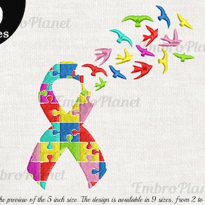 May include: An embroidered ribbon in the shape of a puzzle, with colorful puzzle pieces. A flock of colorful birds flies from the top of the ribbon. The text reads "9 sizes".