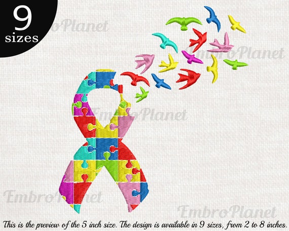 Autism Awareness Ribbon Embroidery Design – Flying Birds (Digital File)