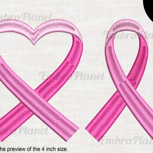 May include: Pink ribbon embroidery design in two styles: a heart shape and a traditional ribbon. The design is available in seven sizes.