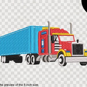 May include: Embroidered design of a red and yellow semi-truck with a blue trailer. The image shows the preview of the 5-inch size and includes the text "8 sizes". The truck has black tires and silver exhaust pipes.