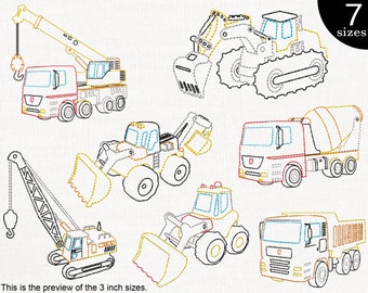 Construction Machines Outline Embroidery Design - Cartoon Stitch Set (Digital Download)