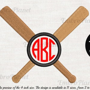 May include: A monogram embroidery design featuring two crossed baseball bats with a circle in the center. The circle has a black outline and a red monogram "ABC" inside. The design is available in 11 sizes, from 2 to 8 inches.