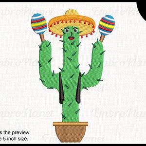 Puede incluir: Un cactus verde con un sombrero amarillo y maracas. El cactus tiene una cara sonriente y lleva un chaleco negro. El cactus está en una maceta marrón.