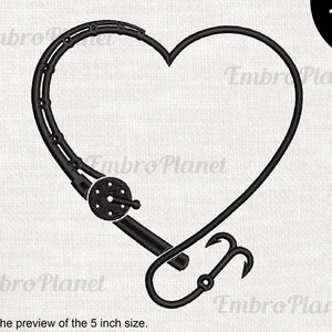 Fishing Rod - Design for Embroidery Machine Instant Download digital file stitch sign icon symbol cartoon fish rod in shape of heart 1445e