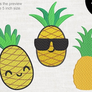 May include: Three embroidered pineapple designs. One pineapple is wearing sunglasses and has a smiling face. Another pineapple has a smiling face. The third pineapple is plain. The designs are available in 16 sizes.