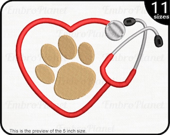 May include: Red heart with a brown paw print inside and a red stethoscope wrapped around it. The text "11 sizes" is in the top right corner of the image.