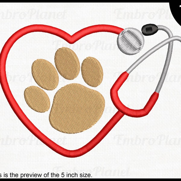 Cute Heart Paw Stethoscope - Design for embroidery machine, Instant Download digital file stitch icon sign symbol pattern doctor vet 781e