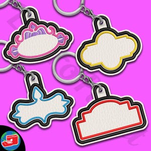 May include: Four different embroidery designs for keychains. Each design features a blank space for personalisation. The designs are in purple, yellow, blue, and red.