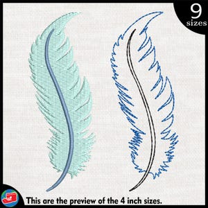 May include: A digital embroidery design of a blue and white feather. The design is available in nine sizes. This is a preview of the 4 inch size.