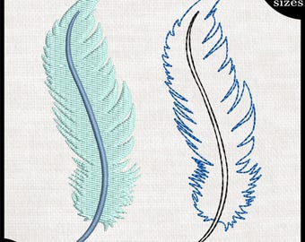 May include: A digital embroidery design of a blue and white feather. The design is available in nine sizes. This is a preview of the 4 inch size.