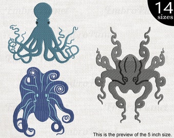 Diseños de bordado de pulpo: Archivos para máquina de bordar (Descarga digital)