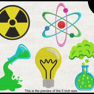 May include: A set of 8 science-themed embroidery designs. The designs include a yellow radiation symbol, a pink and blue atom, a green cloud, a light bulb, a blue beaker pouring green liquid, and a blue beaker with green liquid and bubbles.  This is a preview of the 5 inch size.