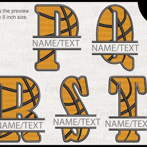 May include: Embroidered basketball-themed letters P, Q, R, S, and T, each with a space for custom text. The letters are orange with black lines, resembling a basketball. The image includes the text "This is the preview of the 5 inch size" and "8 sizes".