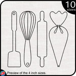 May include: Black and white line art illustration of four kitchen tools: a spatula, a whisk, a rolling pin, and a piping bag. The image is labeled "10 sizes" and "Preview of the 4 inch sizes."
