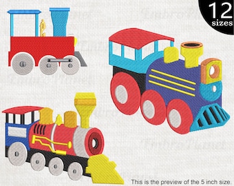 May include: Three embroidered designs of toy trains in red, blue, and yellow. The trains have wheels, a smokestack, and a caboose. The designs are available in 12 sizes.