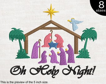 May include: Embroidered design of a nativity scene with the text "Oh Holy Night!"  The scene includes a stable, a star, palm trees, an angel, and figures of Mary, Joseph, and the baby Jesus.