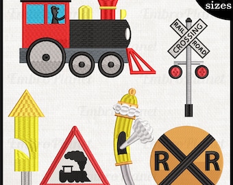 Train Embroidery Designs - Steam Engine & Railroad Signs (Digital Download)