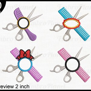 May include: Four embroidery designs featuring a pair of scissors and a comb. The designs are in different colors, including purple, blue, pink, and red. The designs are perfect for adding a personal touch to your projects.