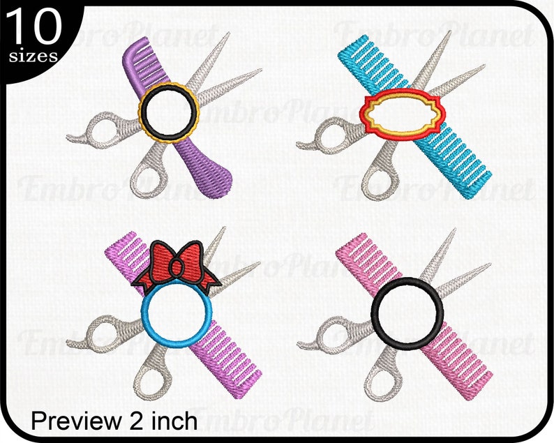 May include: Four embroidery designs featuring a pair of scissors and a comb. The designs are in different colors, including purple, blue, pink, and red. The designs are perfect for adding a personal touch to your projects.