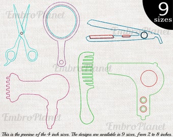 May include: A set of five hairdressing tools, including a pair of scissors, a mirror, a hair straightener, a comb, and a hairdryer. The tools are outlined in different colors, including pink, blue, green, and red.