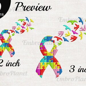 May include: Preview image of two embroidered autism awareness ribbons, one 2 inches and the other 3 inches. The ribbons are made of colorful puzzle pieces, with birds flying out of the top. The text "Preview" and "9 sizes" are also visible.