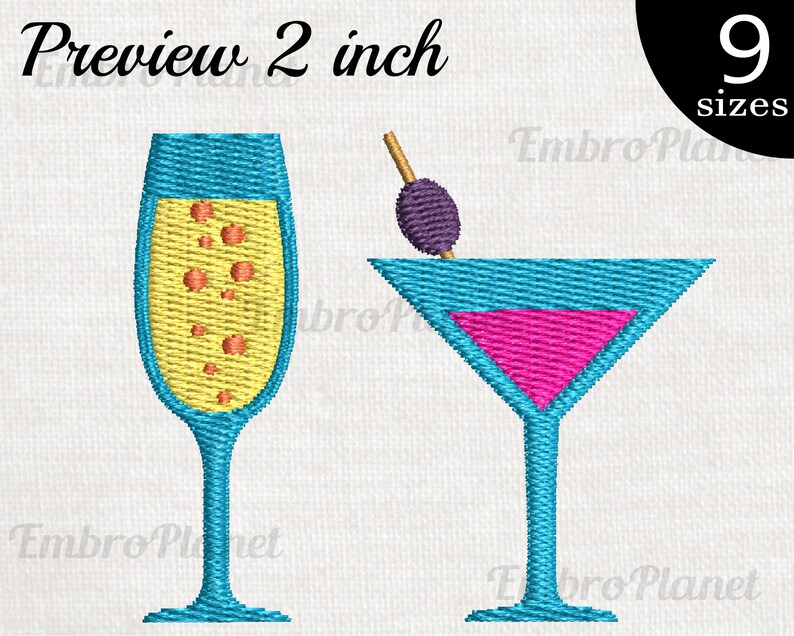 Cocktail and Champagne Glasses Designs for Embroidery Etsy