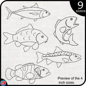 May include: Black and white line art illustrations of four different fish. The fish are a tuna, a carp, a trout, and a grouper. The text "9 sizes" and "Preview of the 4 inch sizes" is also included in the image.