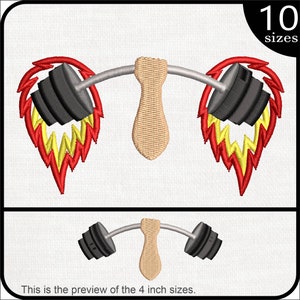 May include: Embroidered design of a barbell with weights on each end, with flames on the sides of the weights. The barbell is silver, the weights are black, and the flames are red and yellow. The design is available in 10 sizes.