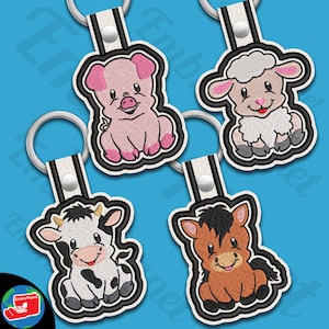 Satin Cute Farm Animals Snap Keychain Digital Item - tab key fob ITH keyring keyholder - fit in 4x4 hoop - files for embroidery machine 23ss