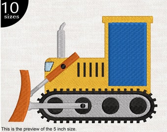 Puede incluir: Bulldozer amarillo con una cabina azul y una cuchilla marrón. El bulldozer tiene una oruga gris con ruedas negras. La imagen muestra 10 tamaños.