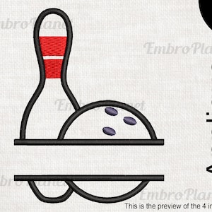 May include: Black outline of a bowling pin with a red top and white stripe, and a bowling ball with three purple holes. The word "Applique" is written vertically. Text at the bottom says "This is the preview of the 4 inch size."