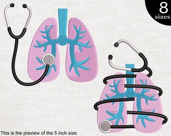 Disegno da ricamo con polmoni e stetoscopio – Fumetto medico (download digitale)