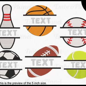 Op de afbeelding: Set van negen gesplitste monogram-borduurmotieven met verschillende sportballen, waaronder een basketbal, honkbal, voetbal, voetbal en een bowlingpin. Elk ontwerp bevat een gesplitst gebied om tekst toe te voegen.