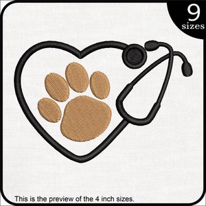 May include: Black and brown embroidery design of a paw print inside a heart with a stethoscope.  The design is available in 9 sizes.
